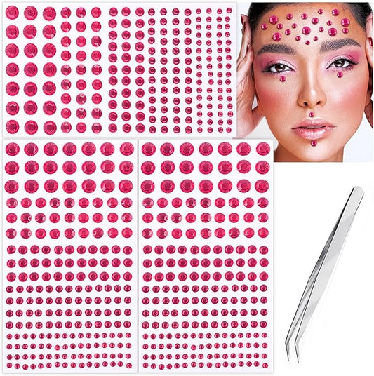 591pcs Face Gems Hair Gems Pearls, Self-Adhesive Face Jewels Eye Rhinestones 3/4/5/6/8 mm Face Gem Stick on, Halloween Makeup Gems Rave Accessories for Face Eyes Body Makeup (01.Rose red)