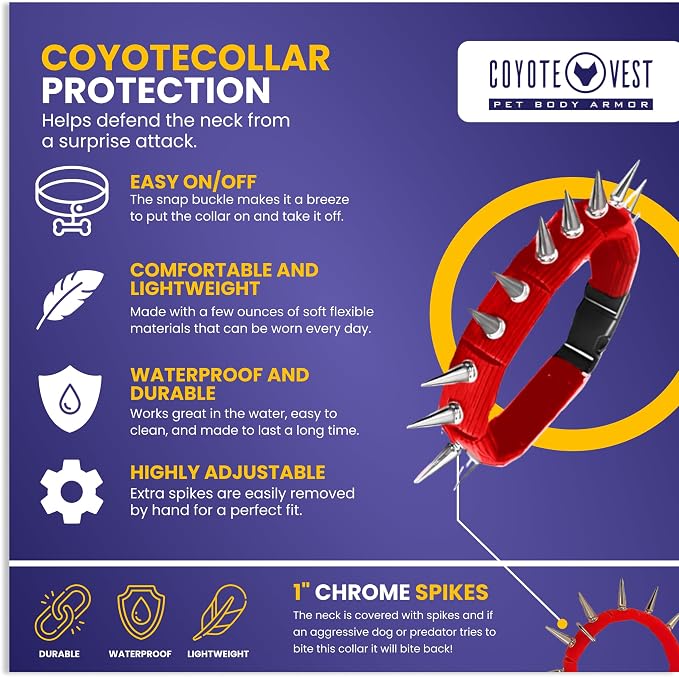 CoyoteCollar Spike Dog Collar, Adj/Replaceable Spikes, Large, Red