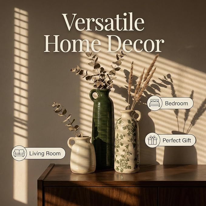 Ceramic Vase Set of 3 with Handles, Green White Neutral Rustic Modern Farmhouse Boho Decor, Versatile as Table Centerpiece or Mantel & Shelf Accent - Unique Home Gift Idea