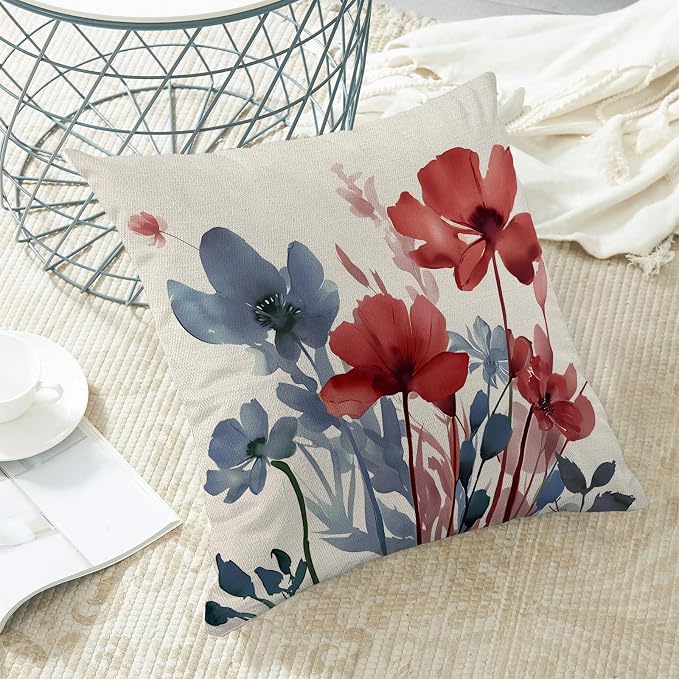 Floral Pillow Covers 16x16 Inches Set of 2 Independence Day Blue Red Floral Throw Pillow Covers Outdoor Rustic Spring Summer Flower Pillowcase Farmhouse Decorative Cushion Cover for Home Sofa