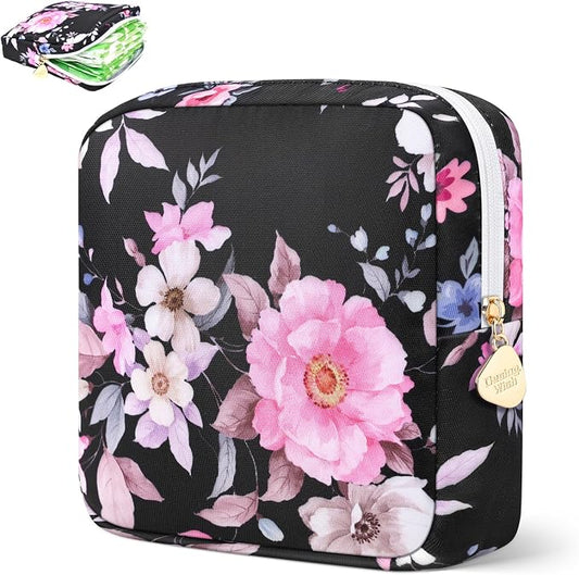 Period Bag for Girls Polyester Period Pouch Pad Bag First Period Kit for Teen Pads/Sanitary Napkins/Small Tampons, Feminine Hygiene Organizer for Women (Pink Flowers)