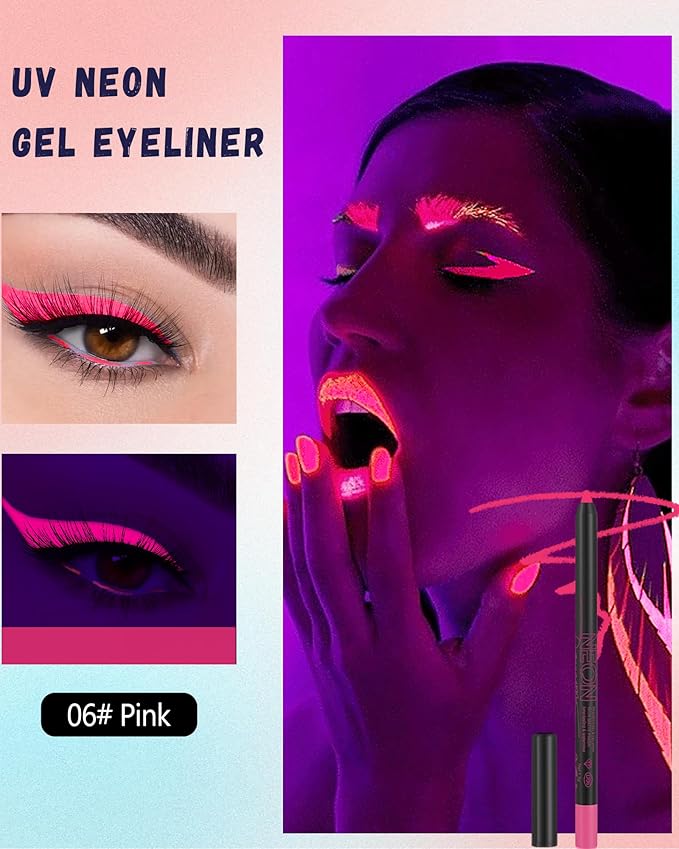 UV Neon Colored Gel Eyeliner Pencil, Matte Rainbow Colorful Eyeliner Pencils Glow in the Dark Makeup, Waterproof Long Lasting Gel Eye Liner Pen with Sharpener for Halloween Face Body Painting-B06 Pink