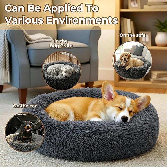 Calming Anti-Anxiety Donuts Dog And Cat Bed, Round Fluffy Soft Washable Small Medium Pet Bed For Puppy And Kitten, Cuddler Warming Comfortable Luxury Anti-Slip Waterproof Mute Base 24in Dark Gray