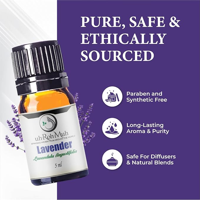 Organic Lavender Essential Oil - Steam Distilled Lavandula Angustifolia, Flower Oil, Premium Floral Aroma Middle Note Oil for Aromatherapy, Skincare, Haircare and DIY Cosmetic Formulations - 5 ml