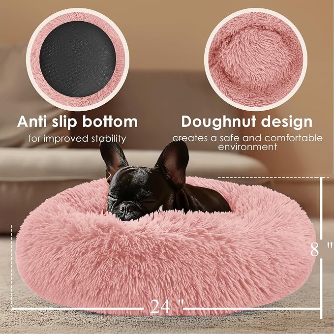 Dogs Bed for Small Dogs, Anti-Anxiety Washable Round Bed (Pink, 24.0" L x 24.0" W x 8.0" Th)