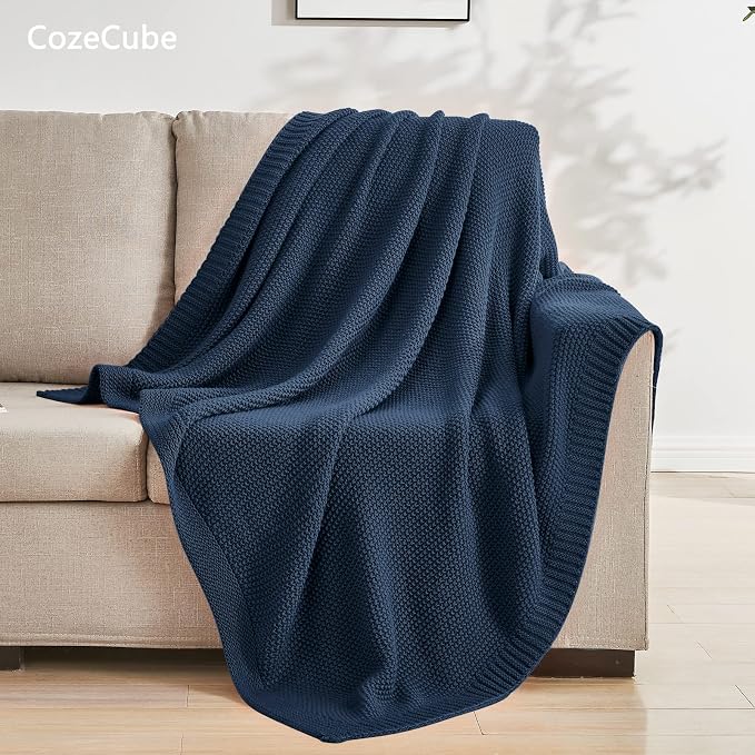CozeCube Navy Blue Seed Stitch Throw Blanket 50"x60", Farmhouse Decor | Blanket for Couch, Soft Cozy Cable Knit Throw for Bed Sofa Living Room, Lightweight Warm Decorative Christmas Blanket