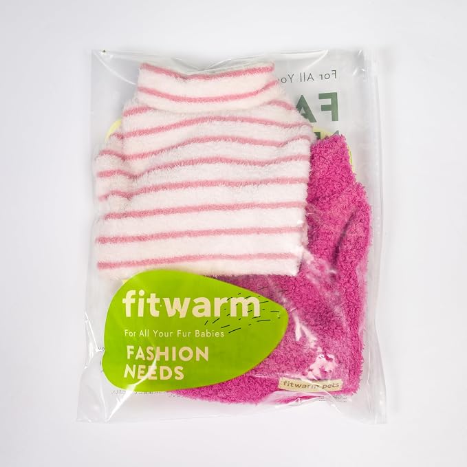 Fitwarm 2 Pack Striped Fleece Dog Sweater, Warm Winter Dog Clothes for Small Dogs Girl, Fuzzy Turtleneck Pet Outfit, Doggy Pullover Jumper, Rose Pink, White, Light Pink, XL