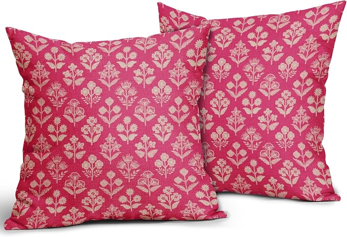 Hot Pink Floral Pillow Covers 24x24 Inch Set of 2, Vintage Flower Block Print Pattern Decorative Throw Pillowcases Outdoor Farmhouse Cushion Covers Spring Summer Rustic Sofa Couch Bed Decor