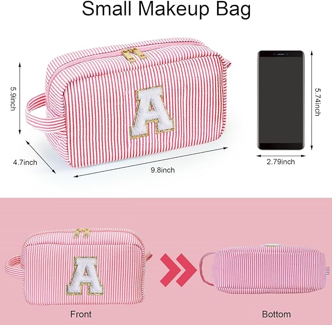 YOOLIFE Travel Cosmetic Bag - Monogram Cute Initial Pink Makeup Bag Toiletry Pouch Make-Up Case, Personalized Birthday Gifts for Best Friend, Sister, Teacher