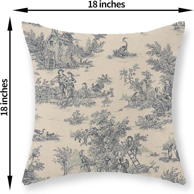 Blue Toile Pillow Covers 18x18 Inch Set of 2 Vintage French Country Throw Pillows Outdoor French Country Decorative Pillow Cases Rustic Linen Decor Farmhouse Cushion Case for Couch Bedroom