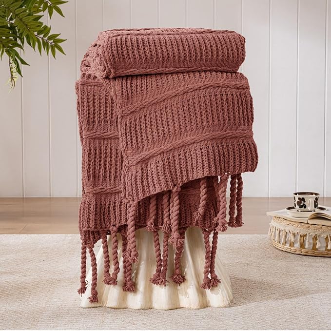 Boho Knitted Chenille Blanket with Tassels - Lightweight & Soft All-Season Throw - 3D Classic Pattern for Living Room Bedroom Couch, Clay Brown, Throw 50"x60"