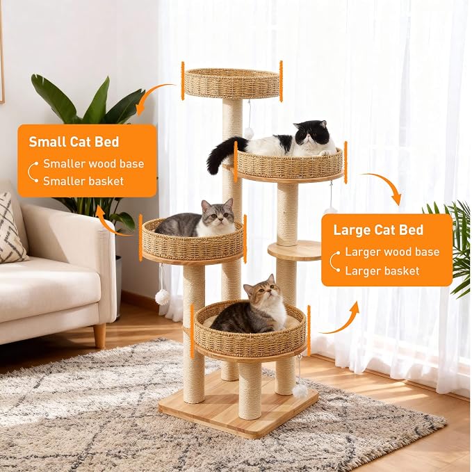 54in Solid Wood Cat Tree for Indoor Cats, Modern Tall Cat Tower | Multi-levels Cat Condo, with Scratching Post, with 4 Handwoven Rattan Cat Bed, for Large Cat, Easy to Clean