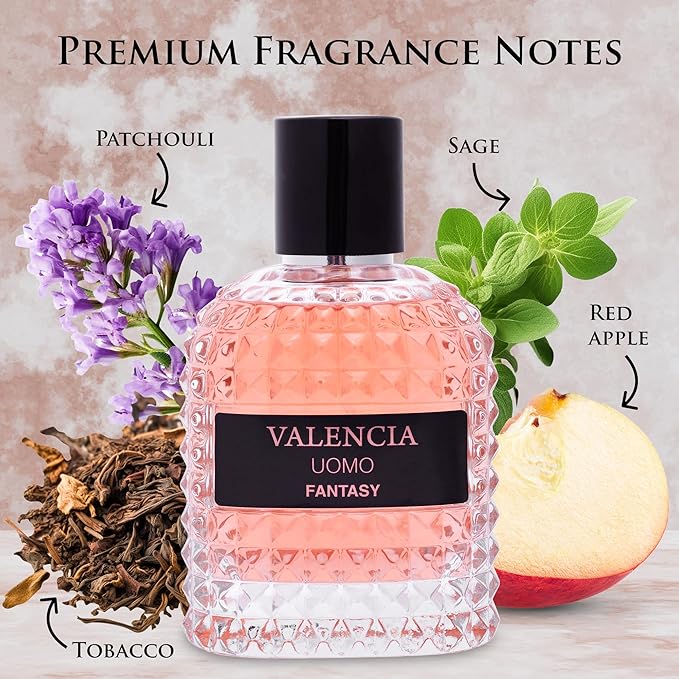 Valencia UOMO Fantasy Men EDP - Spicy & Woody Fragrance - Top Notes of Sweet Red Apple, Cardamom & Calabrian Bergamot - Base Scent of Warm Tobacco Leaf, Patchouli & Vetiver - Elegant 100ml Bottle