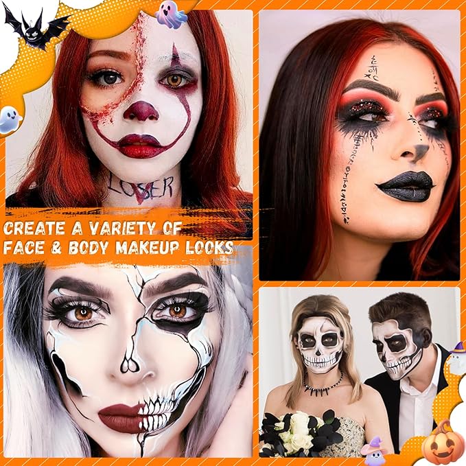 TonJin Black + White + Red Face Body Paint Set 5.28oz,Non-Toxic Professional Paint Palette Kit with 3 Brushes for Art Theater Halloween Party Cosplay Clown Corpse Paint SFX Makeup