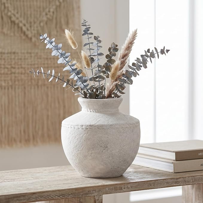 Rustic Farmhouse Vase 6 Inch Small White Ceramic Flower Vases for Home Decor Vintage Pottery Vase for Living Room Bedroom Shelf Office Coffee Table Centerpiece