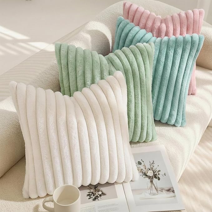 decorUhome Fall Faux Fur Throw Pillow Covers 22x22 Set of 2 Pink | Decorative Soft Cozy Striped Plush Modern Farmhouse Boho Couch Pillow Cases Velvet Back for Sofa Bed Living Room Home Decor
