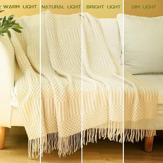 Blagic Soft Knitted Throw Blanket for Couch and Bed,Off White,60"x80" | Lightweight and Cozy,Farmhouse Boho Blanket with Tassel,Decorative for Living Room,Gifts for Adults,All Season Use