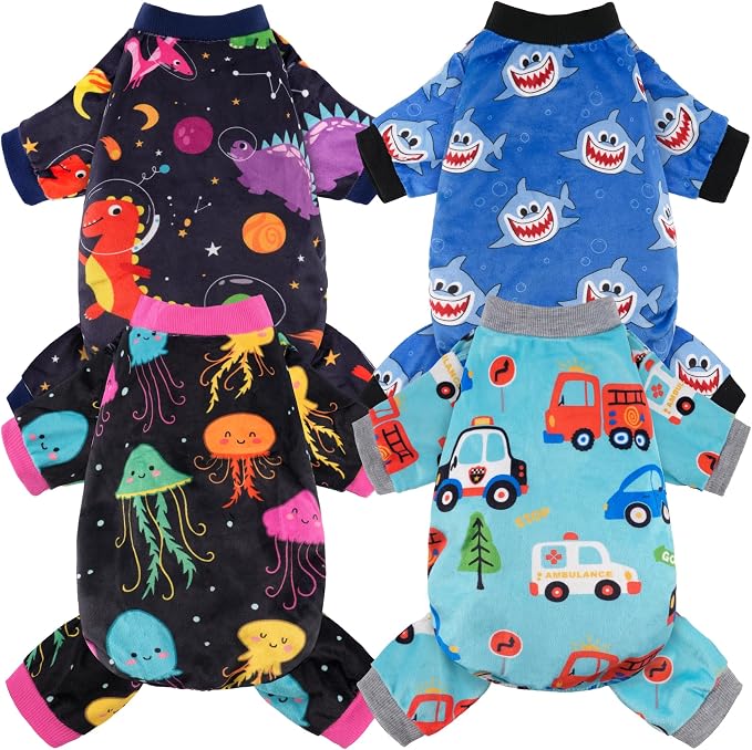 4 Pack Dog Pajamas Soft Lightweight Dog Recovery Suit Onesie Clothes for Small Medium Female Pet Boys Girls Dogs (XL (Back: 13",Chest: 18.9", 12-18lbs), Dinosaur,Jellyfish, Transportation,Shark)