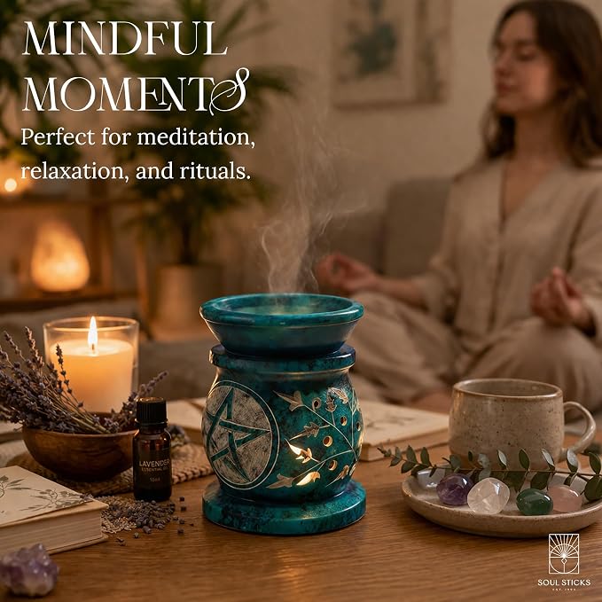 SOUL STICKS Stone Soapstone Aroma Lamp Stylish Beautiful Elegant Decorative Handcrafted Aroma Wax Burner Oil Diffuser for Aromatherapy, Meditation and Home Fragrance with Tealight Holder, 3 (Blue)