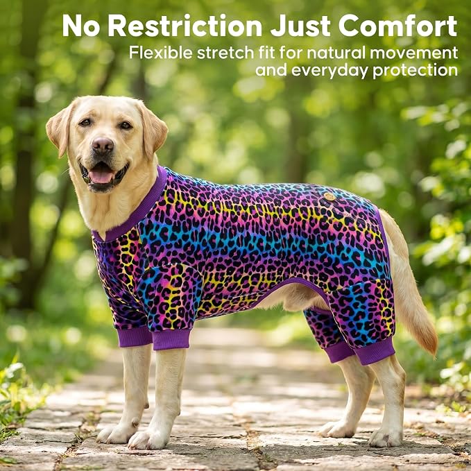 KYEESE Velvet Dog Pajamas for Medium Large Dogs Soft Onesie, Leopard | 4-Way Stretch, Lightweight & Breathable, Reduces Shedding, Gentle on Sensitive Skin, Recovery Support, Easy Potty Breaks