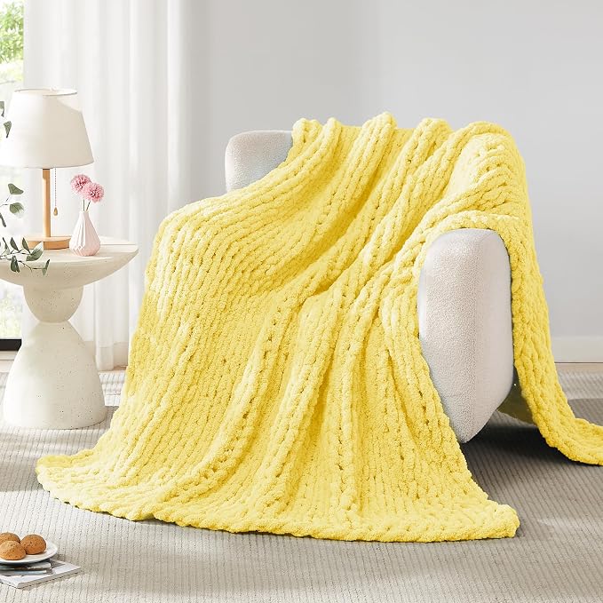 L'AGRATY Chunky Knit Throw Blanket for Couch, 60 x 80 Inches, Egg Yellow | Handmade Chenille Crochet Blanket for Sofa Bed, Thick Cable Knitted Blankets for Room Home Decor, Birthday Gift for Women Mom