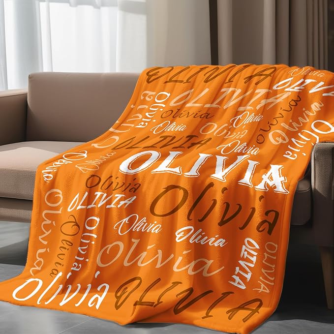 Personalized Throw Blanket, Custom Orange Theme Light Soft Flannel Fleece With Name for Men Women Boys Girls Kids, Customized Gifts for Birthday Christmas Valentines Day