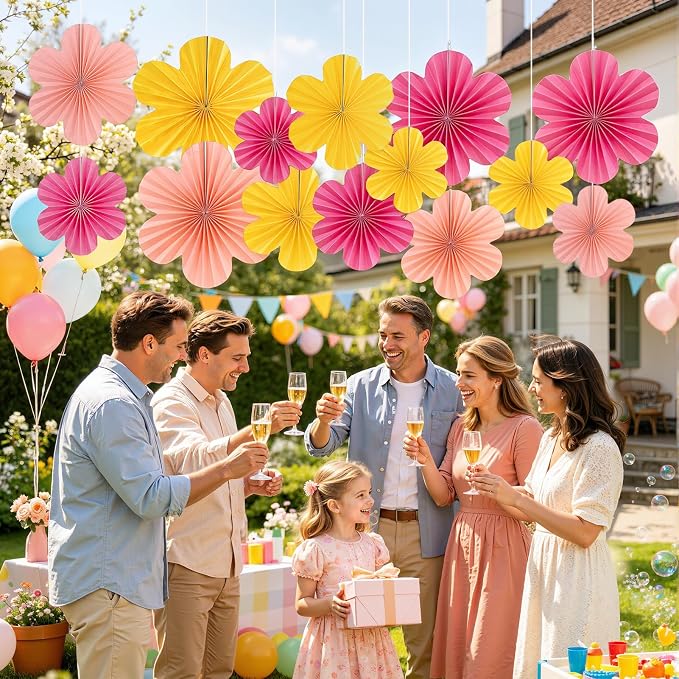 SUNBEAUTY Paper Flowers Decorations for Wall, Paper Flower Fan Classroom Decoration Paper Floral Backdrop Decor Paper Fans Decoration Hanging Paper Fans Pink Yellow Flower Wall Decor