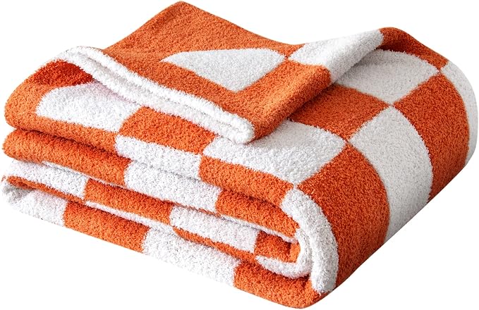 SeaRoomy Fuzzy Checkered Throw Blanket for Couch,Orange 51"X63" | Warm,Cozy,Fluffy,Lightweight,Gift for Women Couch Sofa Bed Room Home Decor
