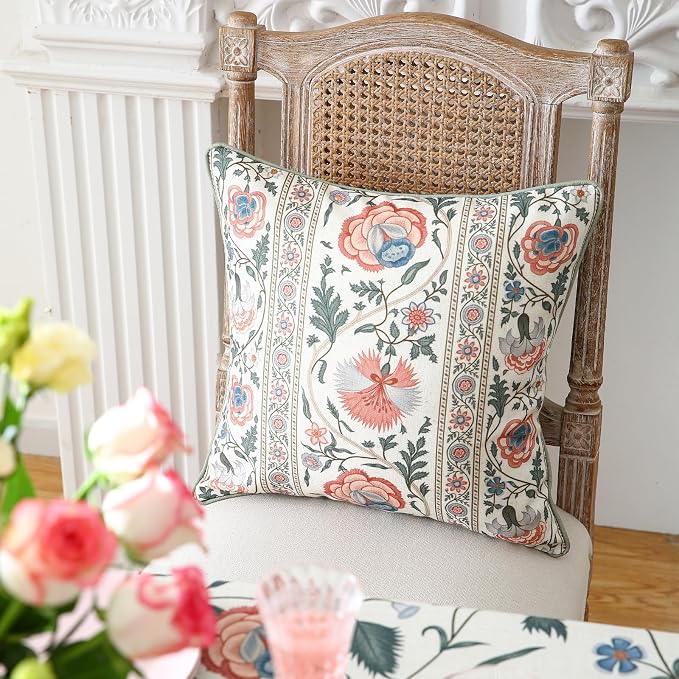 Designer Linen Throw Pillow Cover,Set of 2,18"x18"-Daffy B | Vintage French Elegant Square Pillow Cover,Concealed Zipper Design,Floral Pattern,Sofa,Bedroom,Living Room,Lounge Chairs