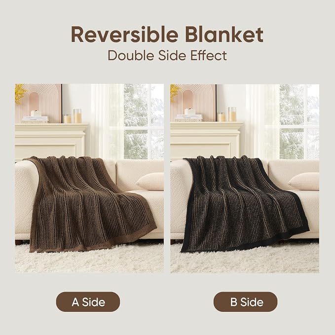 Snuggle Sac Chocolate Brown Throw Blanket for Couch, Fuzzy Microfiber Throws, Knit Soft Blankets for Couch, Sofa, Travel, Black Brown, 50x60 inches