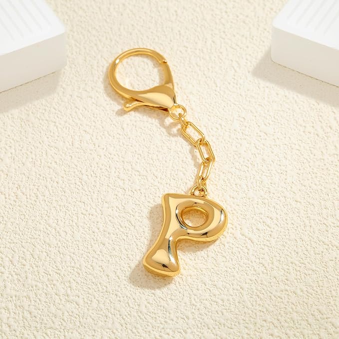 WOWORAMA Initial Letter Keychain for Women Chunky Gold Bubble Letter Bag Charm Purse Charm Personalized Keyrings Accessories