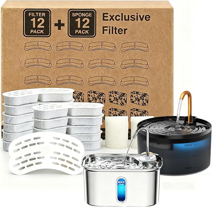 MISFANS Cat Fountain Filter Replacement, 12 Pack Filters and 12 Pack Sponges, for Item Model Number:S003,S005,Not Include Cat Fountain,Similar Filter Elements are Interchangeable