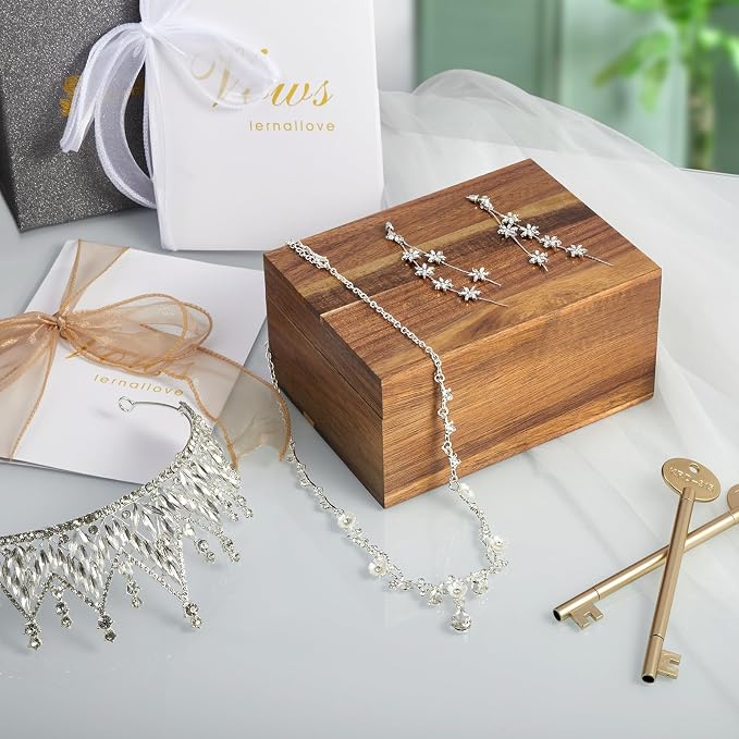 DRASTAR Keepsake Box, Acacia Wood Memory Box with Hinged Lids, Wooden Jewelry Box, Small Storage Box,3x5, 4x6 Decorative Card Box, Bridal Shower Gifts