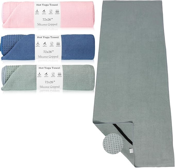 Hahafelt 3 Pack Hot Yoga Mat Towel Non Slip Microfiber Pilates Towel with Grip Dots & Elastic Straps, 72" x 26" Absorbent Sweat Anti-Slip Hot Yoga Gym Mat for Fitness Workout(Morandi Pink Blue Green)