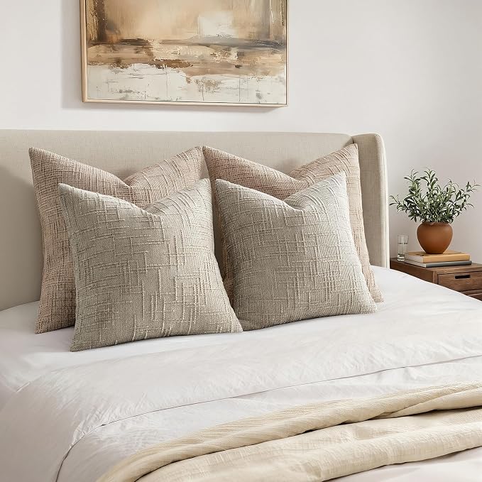 MIULEE Chenille Textured Throw Pillow Covers Light Brown 18x18 Set of 2 | Slubby Decorative Pillows, Boho Farmhouse Home Decor, Modern Neutral Cushion Covers for Couch Sofa Bed Living Room