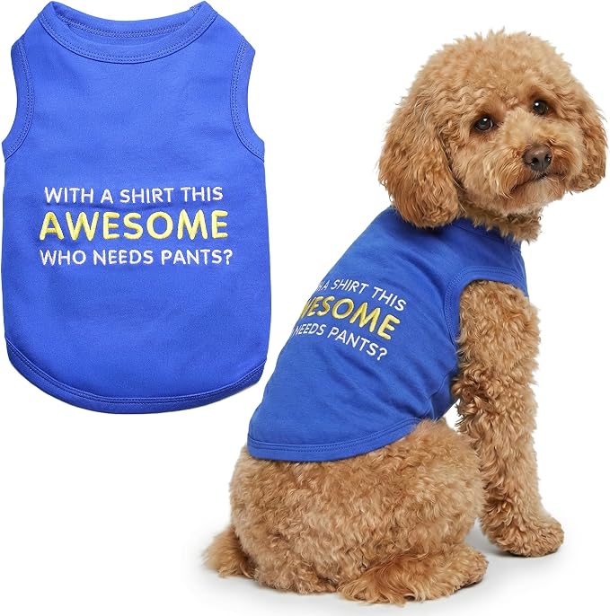 Parisian Pet Dog T-Shirt - Embroidered “ Awesome “ Shirt - Pure Cotton and Lightweight Dog Clothes - Blue Sleeveless Tee Shirts - Cute Puppy Clothes - Shirts for Large Dogs Boy - L