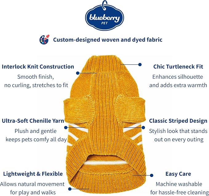 Blueberry Pet Cozy Soft Chenille Classy Striped Dog Sweater in Mustard, Back Length 20", Pack of 1 Clothes for Dogs