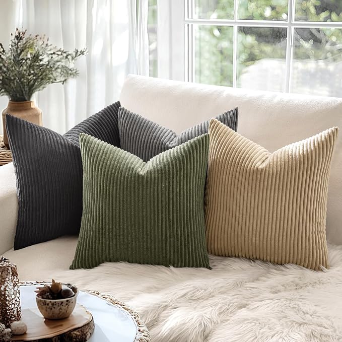 MIULEE Euro Corduroy Throw Pillow Covers Set of 2 24x24 Olive Green | Soft Striped Textured Cushion Cases, Boho Natural Greenery Pillowcases for Home Decor, for Couch Chair Sofa Bed Living Room