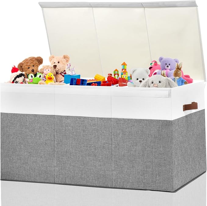 Extra Large Toy Storage Box with Lid,Toy Chest Bin Basket with Dividers | Sturdy Toy Organizer Bin for Kids, Boys, Girls, Nursery, Closet, Bedroom, Playroom 35.5"x17" x17"(Grey and White)