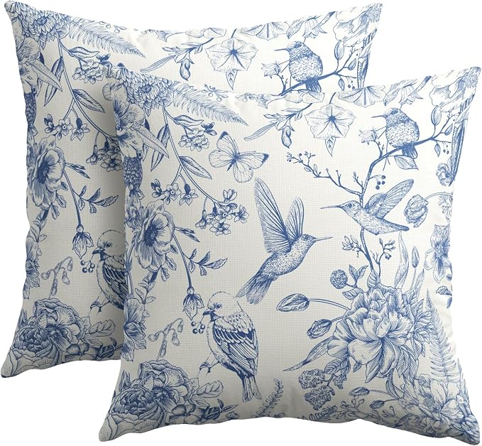 Kawani Chinoiserie Floral Throw Pillow Covers 22x22 Inch Set of 2 Vintage Blue Flowers Hummingbirds Cotton Linen Square Pillowcase Cushion Cover for Couch Sofa Bed Home Living Room Decor