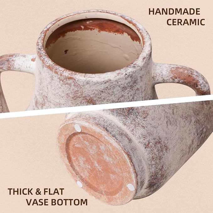 Ceramic Flower Vase with Handles, 11 Inch Tall Rustic Vase, Large Terracotta Pottery Vase for Home Decor, Farmhouse Decorative Vase for Living Room Kitchen Table Shelf Bedroom Decor