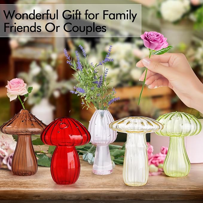 5 PCS Mushroom Shaped Glass Vase, Planters Clear Hydroponic Vase, Flowers Plants for Decorative Centerpiece,Table Decor,Home Wedding Party (5 Color)