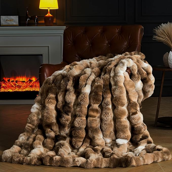 Faux Fur Throw Blanket for Couch, Fluffy Fuzzy Plush Bubble Blanket, Soft Warm Cozy Shaggy Rabbit Blanket, Luxury Decorative Gifts for Sofa Bedroom Living Room, 108x90inch (Tie-Dye-Brown)