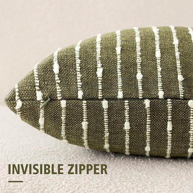 Foindtower Pack of 2 Decorative Jacquard Boucle Throw Pillow Covers Accent Textured Striped Pillowcases Cozy Modern Cushion for Couch Sofa Bedroom Living Room Home Decor 18x18 Inch Olive Green