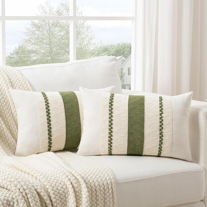 Fancy Homi Set of 2 Boho Moss Green Lumbar Decorative Throw Pillow Cover 12x20 Inch for Couch Bed Sofa Chair, Modern Organic Farmhouse Home Decor, Soft Cotton Cute Accent Rectangle Cushion Case