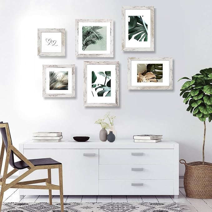 Hongkee 6x6 Picture Frame Set of 4, Made of Glass and Distressed White Wooden Frame - Display Picture 4x4 with Mat or 6 x 6 Without Mat, 6x6 Photo for Wall or Tabletop