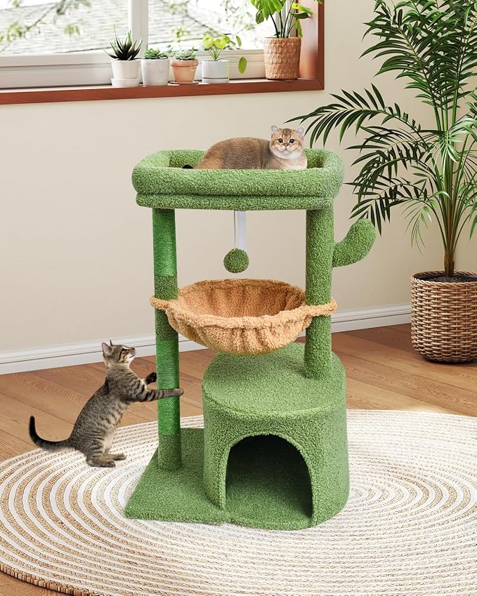 SYANDLVY Cactus Cat Tree for Indoor Cats, Green Activity Tower for Kittens | Modern Cat Furniture with Scratching Post, Basket & Hanging Ball for Play Rest