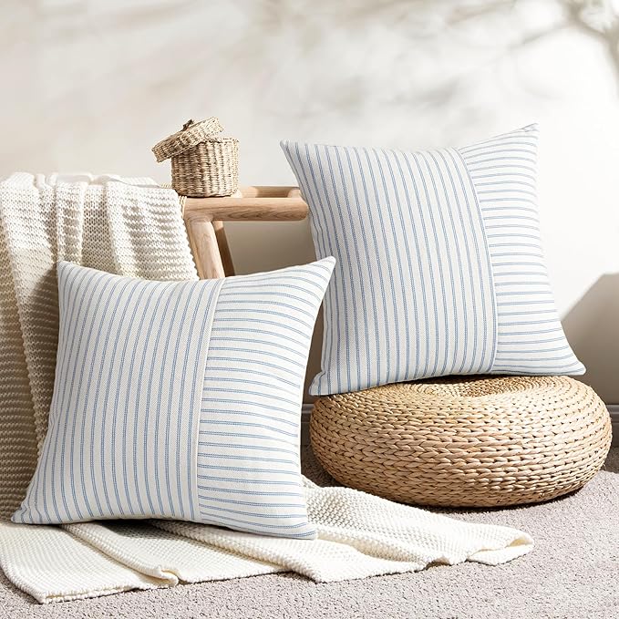 YCOLL Farmhouse Pillow Covers 18x18, Modern Accent Square Throw Pillow Covers Set of 2, Light Blue and Beige Striped Patchwork Linen Decorative Cushion Covers for Couch Chair Bedroom Home Decor
