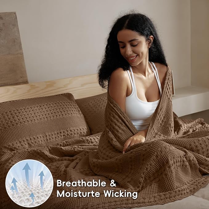 PHF 100% Cotton Waffle Blanket Twin Size, Lightweight Breathable Summer Blanket for Hot Sleepers, Pre-Washed Soft Layer for Bed, Dorm, Couch & Guest Room, Home Decor Gift, 66"x90", Chocolate