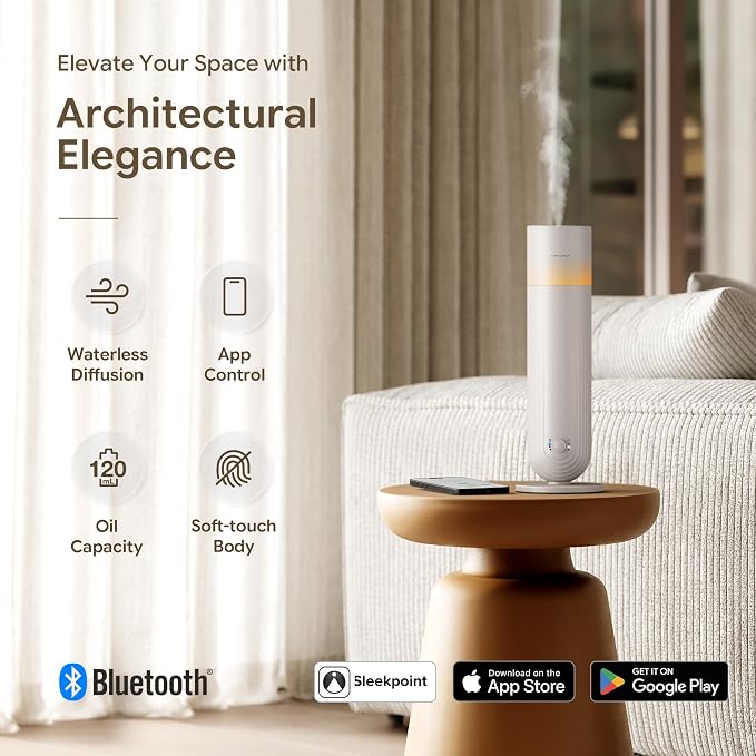 Airversa U1 Smart Tower Waterless Essential Oil Diffuser, Beige Gray | Up to 1200 sq ft, App Control, Cold Air, 120mL, DC-12V/1A Plug in Wall, Smart Scent Air Machine, For Home & Commercial Spaces